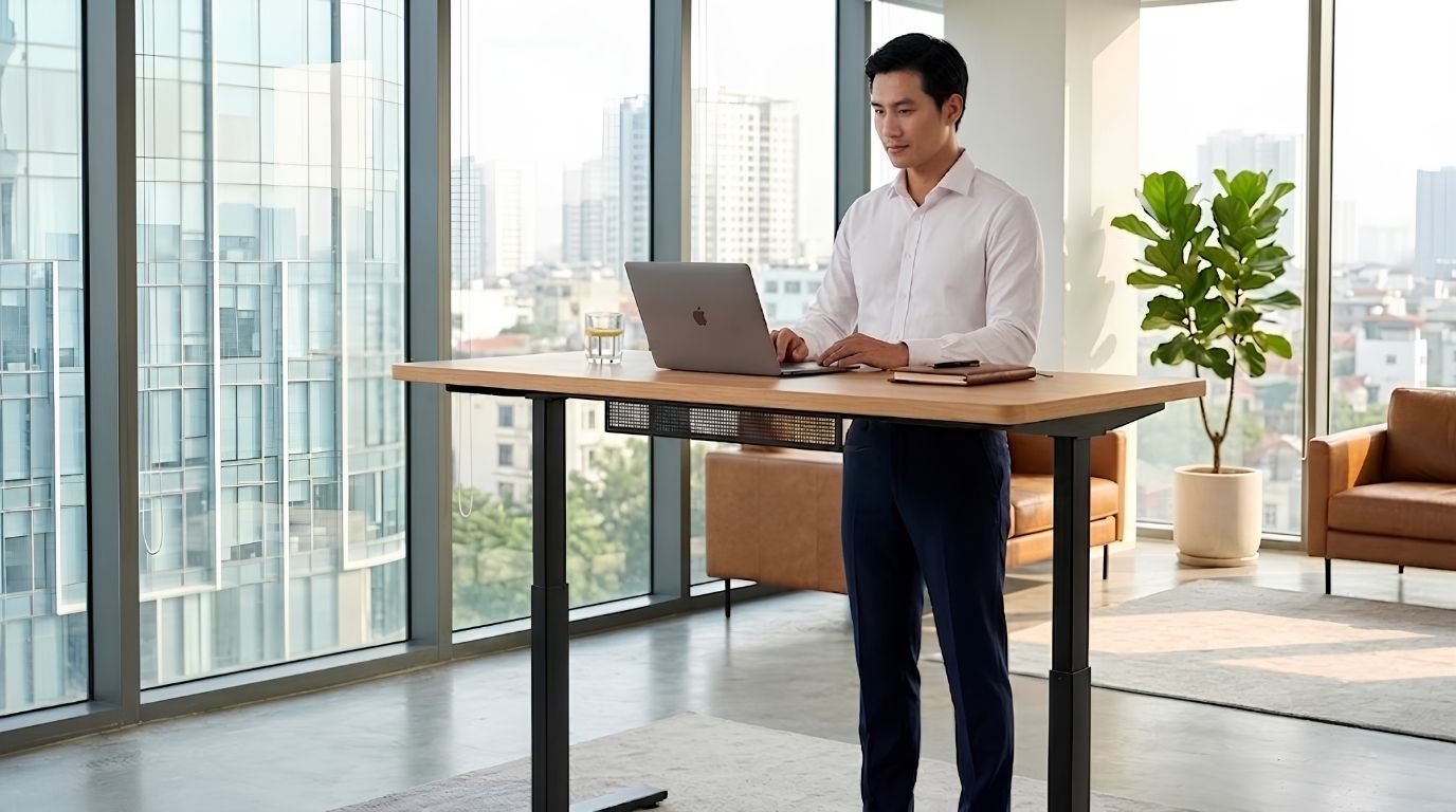 Bàn làm việc công thái học thông minh Nice Design hỗ trợ thay đổi tư thế đứng ngồi linh hoạt Bàn làm việc công thái học thông minh Nice Design hỗ trợ thay đổi tư thế đứng ngồi linh hoạt