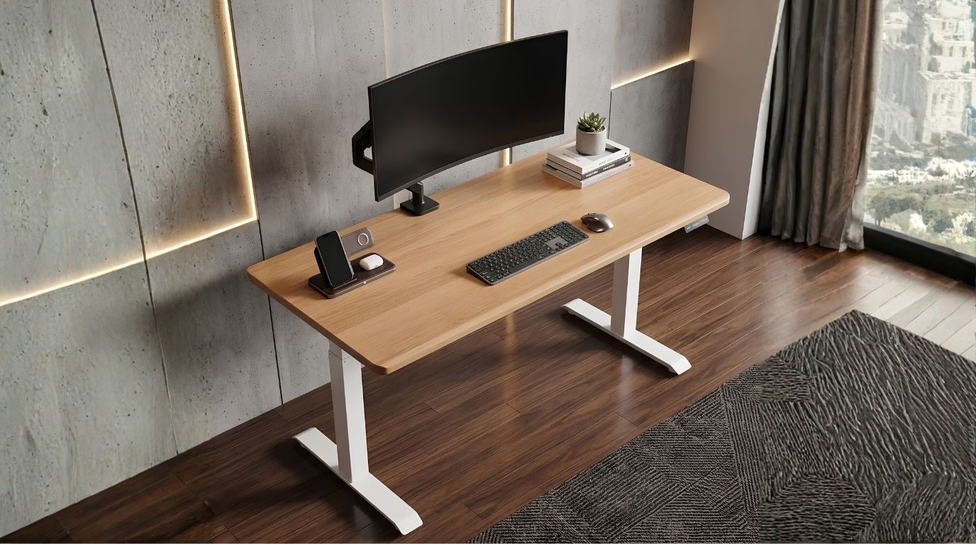 Bàn nâng hạ Noble Grande khung trắng với mặt gỗ sồi tự nhiên nguyên tấm