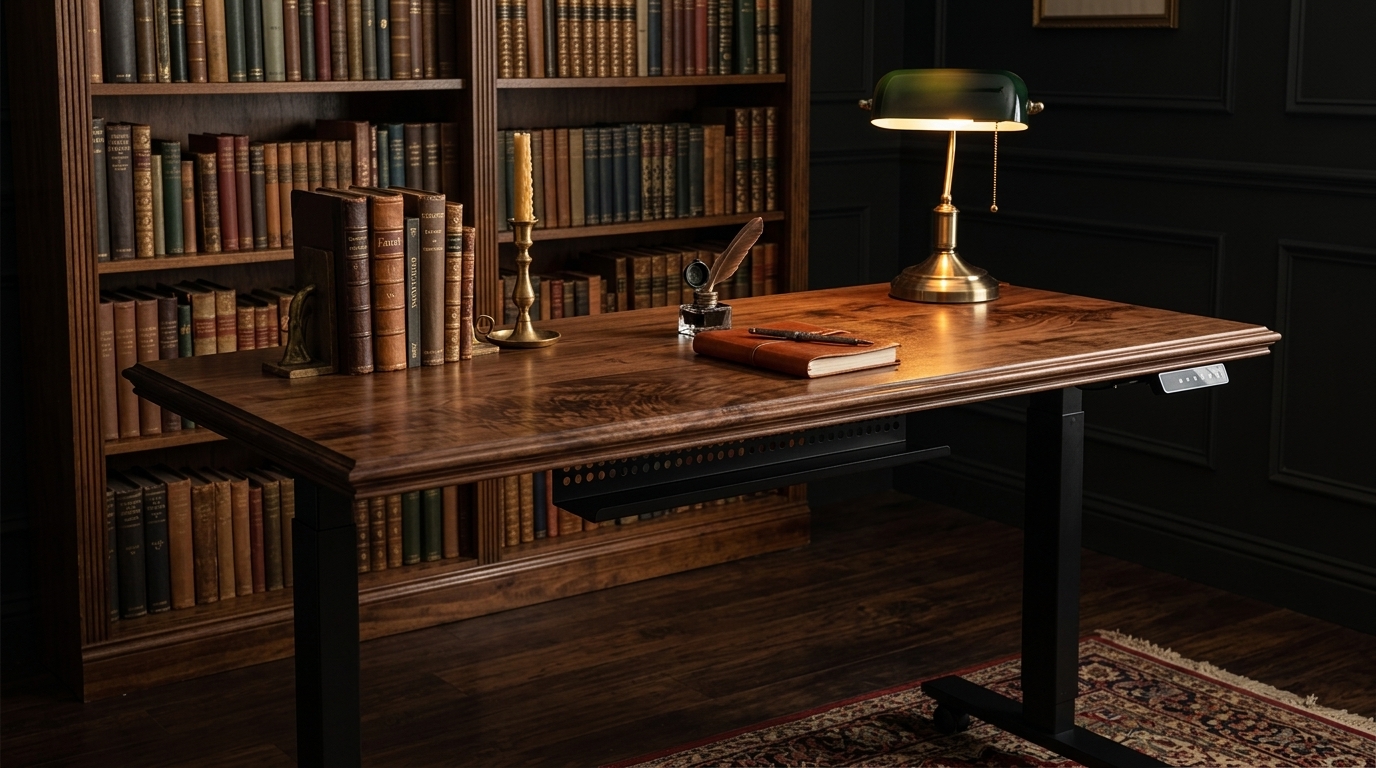 Bàn làm việc gỗ tự nhiên, trái tim của góc setup góc làm việc Dark Academia. Bàn làm việc gỗ tự nhiên, trái tim của góc setup góc làm việc Dark Academia.