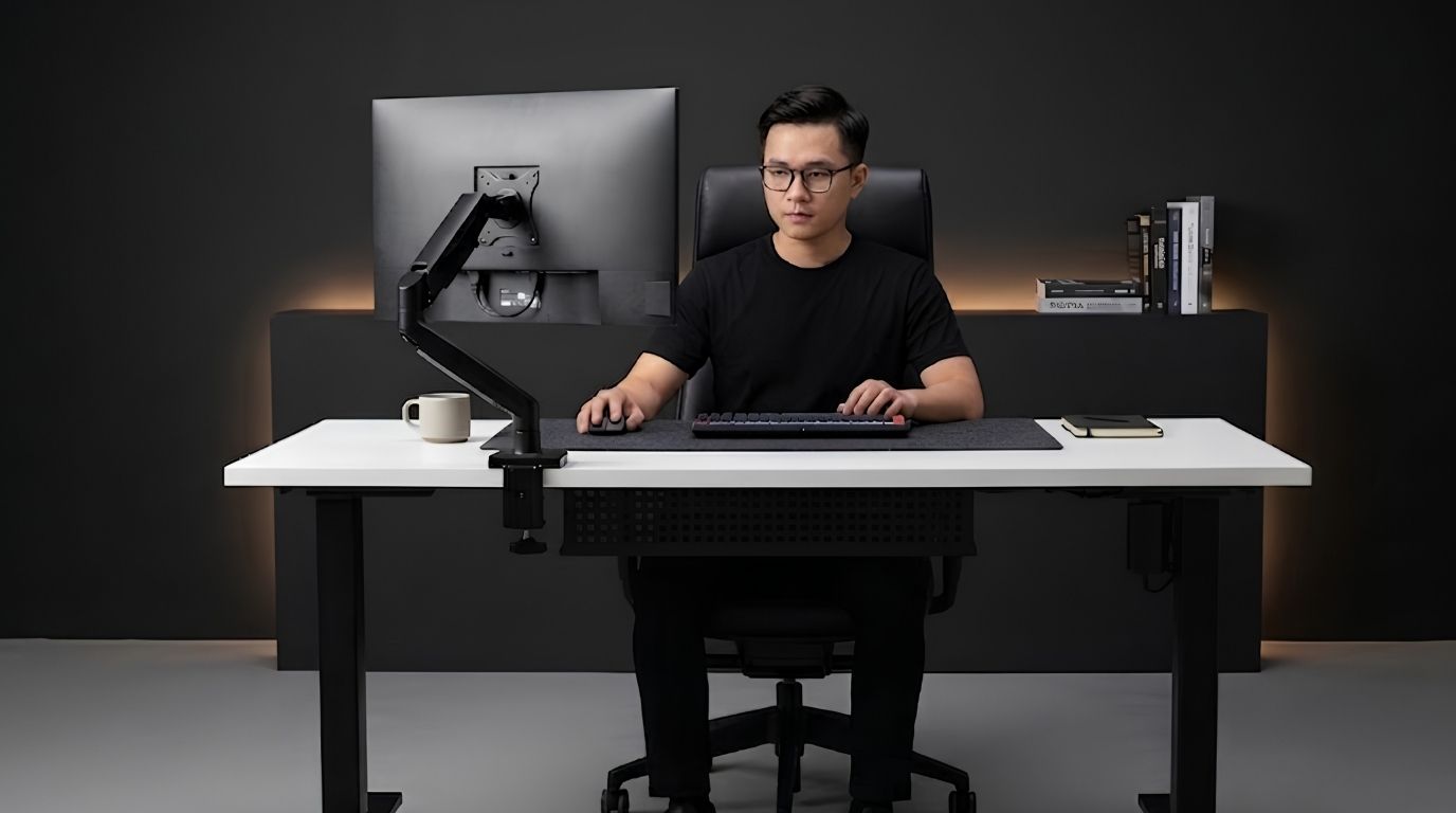Mẫu bàn nâng hạ thông minh Pure Edge màu trắng kết hợp khung chân đen vững chãi Mẫu bàn nâng hạ thông minh Pure Edge màu trắng kết hợp khung chân đen vững chãi