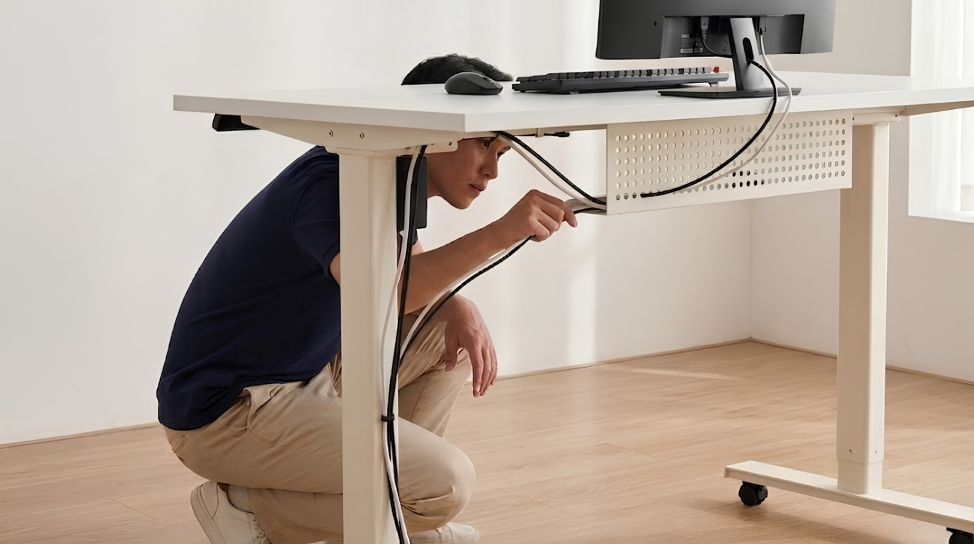 Setup góc làm việc công thái học với bàn PC nâng hạ, khay đi dây và arm màn hình giúp tối ưu không gian, đảm bảo an toàn và nâng cao trải nghiệm làm việc