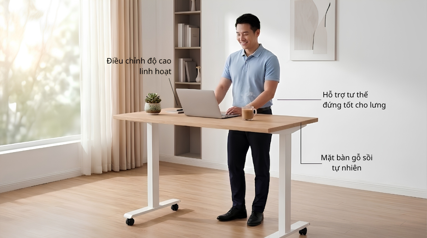 Bàn nâng hạ công thái học giúp linh hoạt chuyển đổi giữa tư thế ngồi và đứng, hỗ trợ giảm áp lực lên thắt lưng và cải thiện trải nghiệm làm việc Bàn nâng hạ công thái học giúp linh hoạt chuyển đổi giữa tư thế ngồi và đứng, hỗ trợ giảm áp lực lên thắt lưng và cải thiện trải nghiệm làm việc