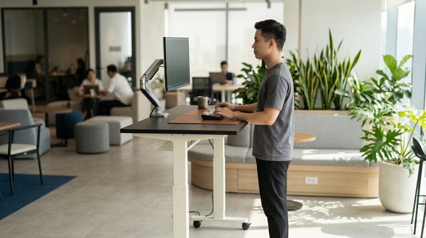 Bàn nâng hạ chiều cao với mặt bàn chống trầy xước tối ưu cho không gian làm việc năng động