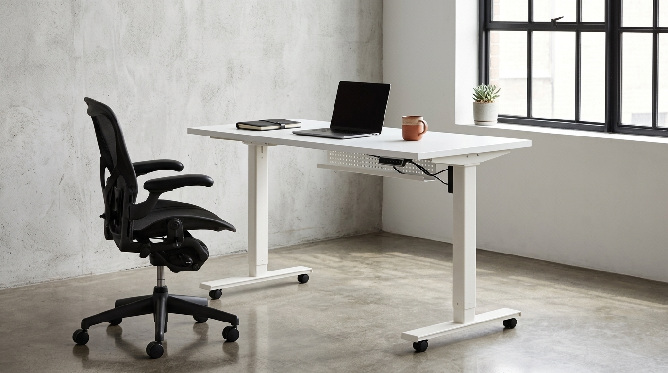 Bàn nâng hạ thông minh tạo điểm nhấn hiện đại trong setup phòng làm việc phong cách công nghiệp.