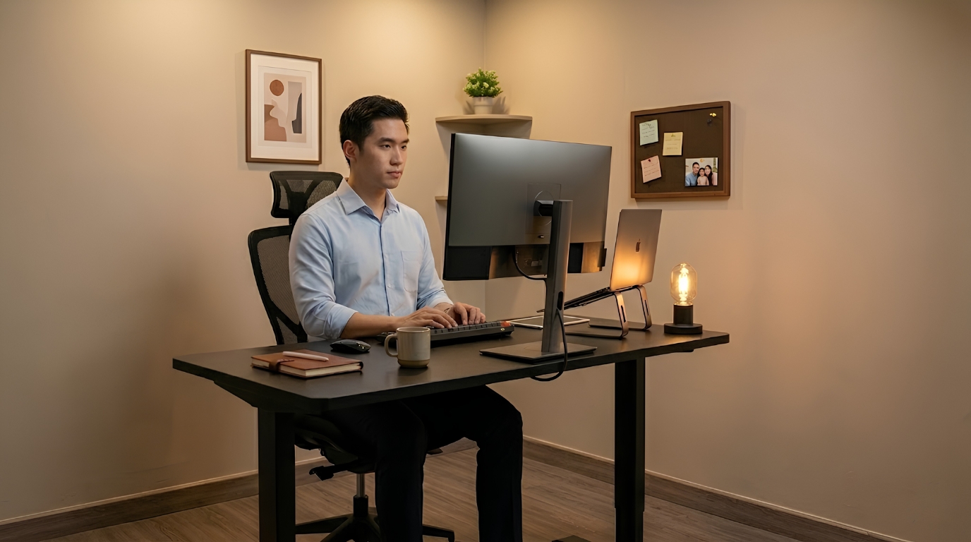 Phối hợp bàn công thái học Nice Design cùng kệ nâng màn hình giúp duy trì tư thế ngồi làm việc khỏe mạnh Phối hợp bàn công thái học Nice Design cùng kệ nâng màn hình giúp duy trì tư thế ngồi làm việc khỏe mạnh