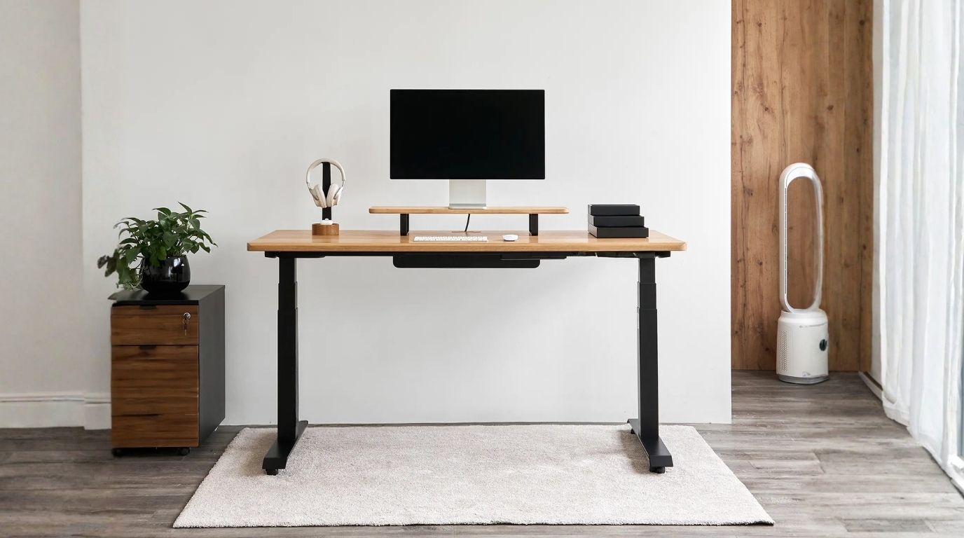 Bàn nâng hạ Noble Grande 180x75cm mặt gỗ tự nhiên khung đen phù hợp setup nhiều màn hình và không gian làm việc chuyên sâu