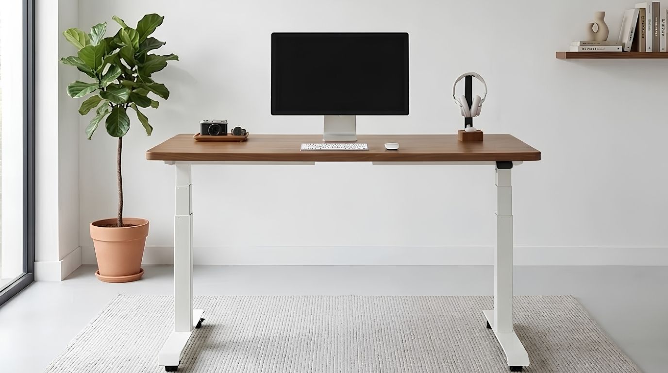 Bàn nâng hạ Noble Grande 160x75cm màu gỗ óc chó khung trắng phù hợp không gian làm việc hiện đại và tinh tế
