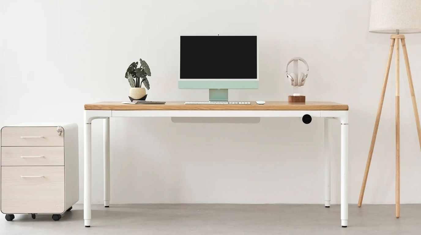 Bàn nâng hạ Elite 160x80cm gỗ sồi tự nhiên khung trắng thiết kế tối giản phù hợp không gian làm việc cá nhân