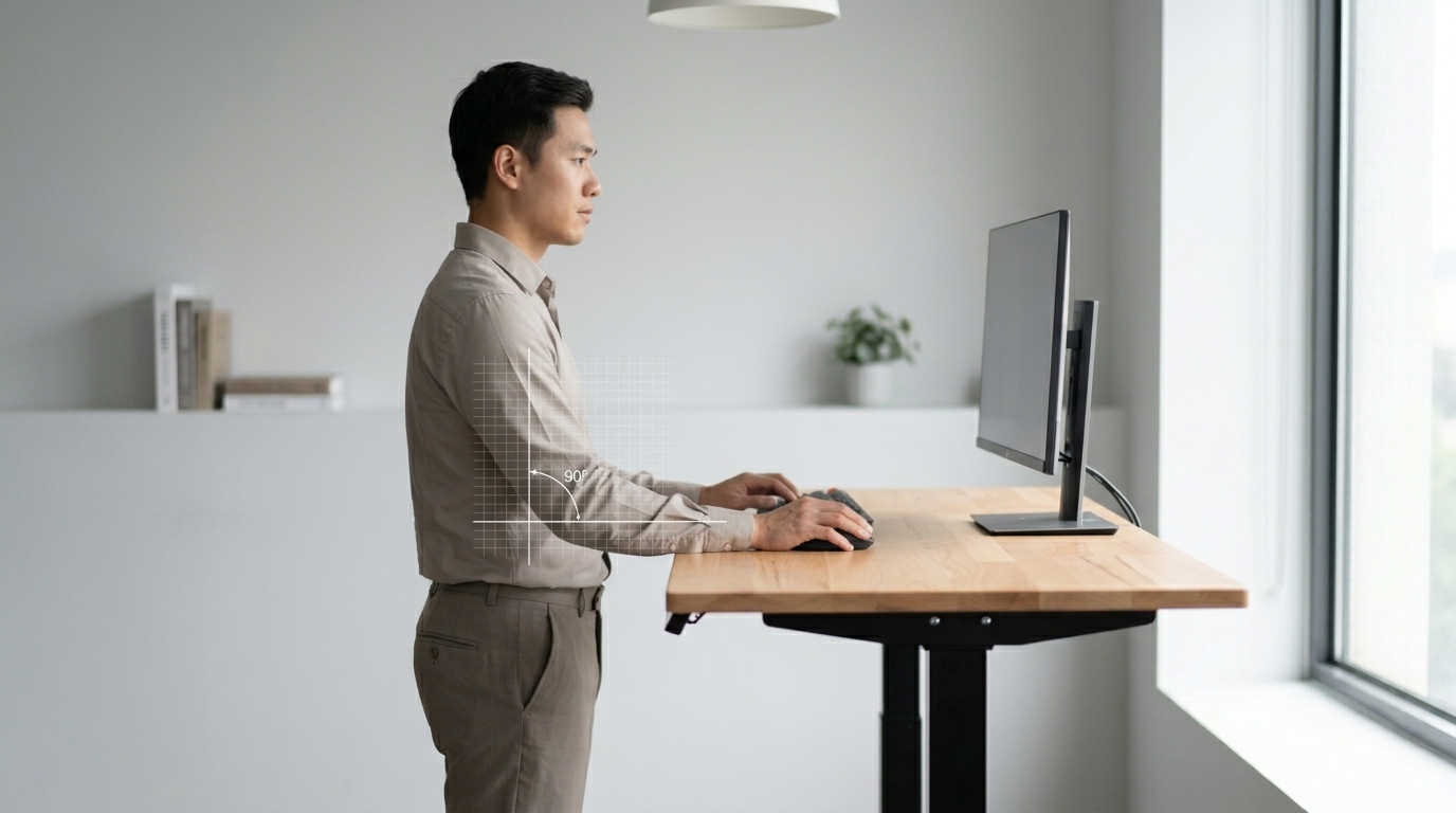 Góc khuỷu tay vuông góc chuẩn xác khi đứng làm việc giúp bảo vệ cơ xương khớp.