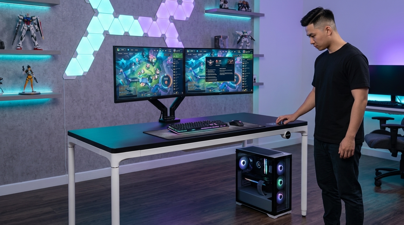Góc máy gaming chuyên nghiệp với bàn nâng hạ và nhân vật đang tùy chỉnh chiều cao