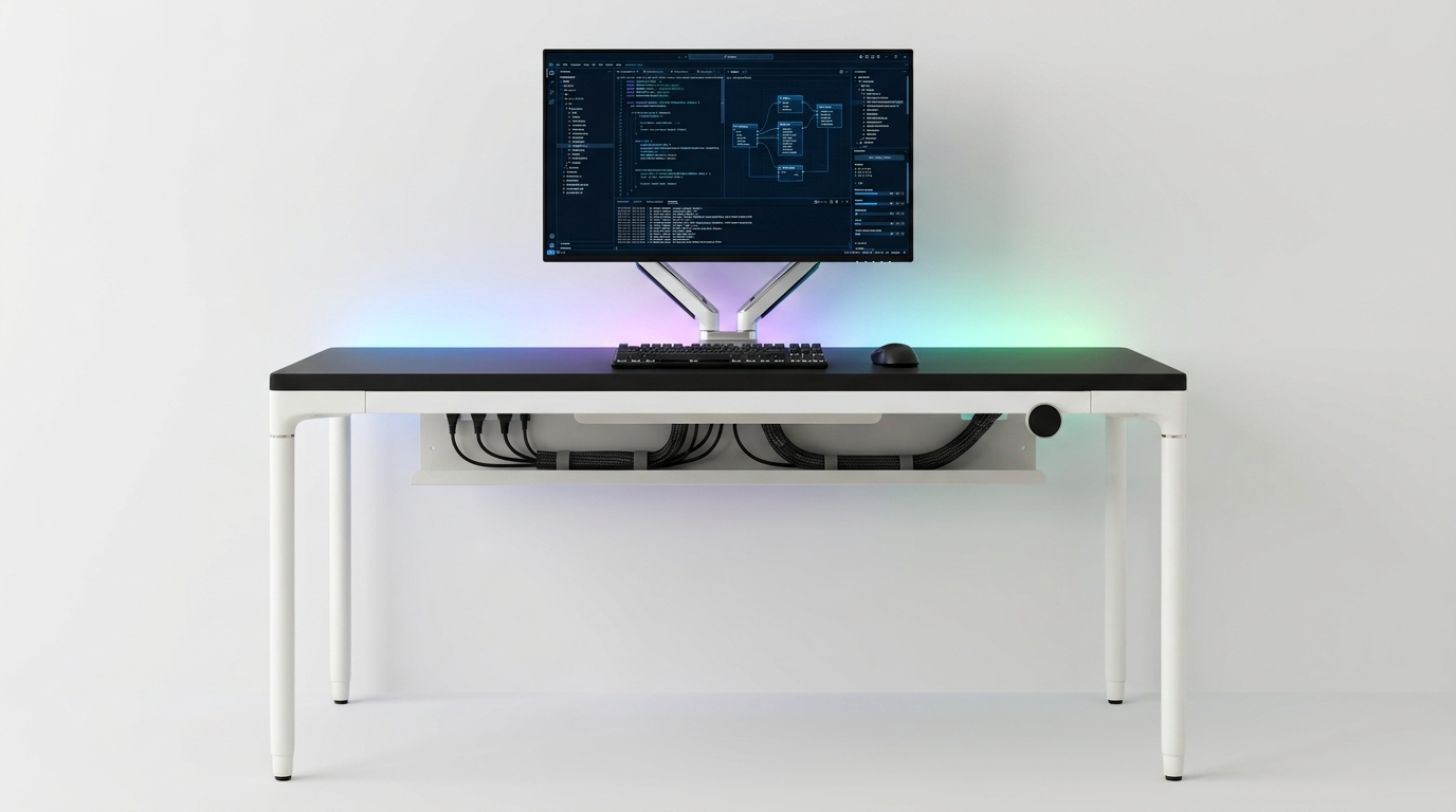 Góc setup tối giản và gọn gàng nhờ hệ thống quản lý dây thông minh dưới gầm bàn