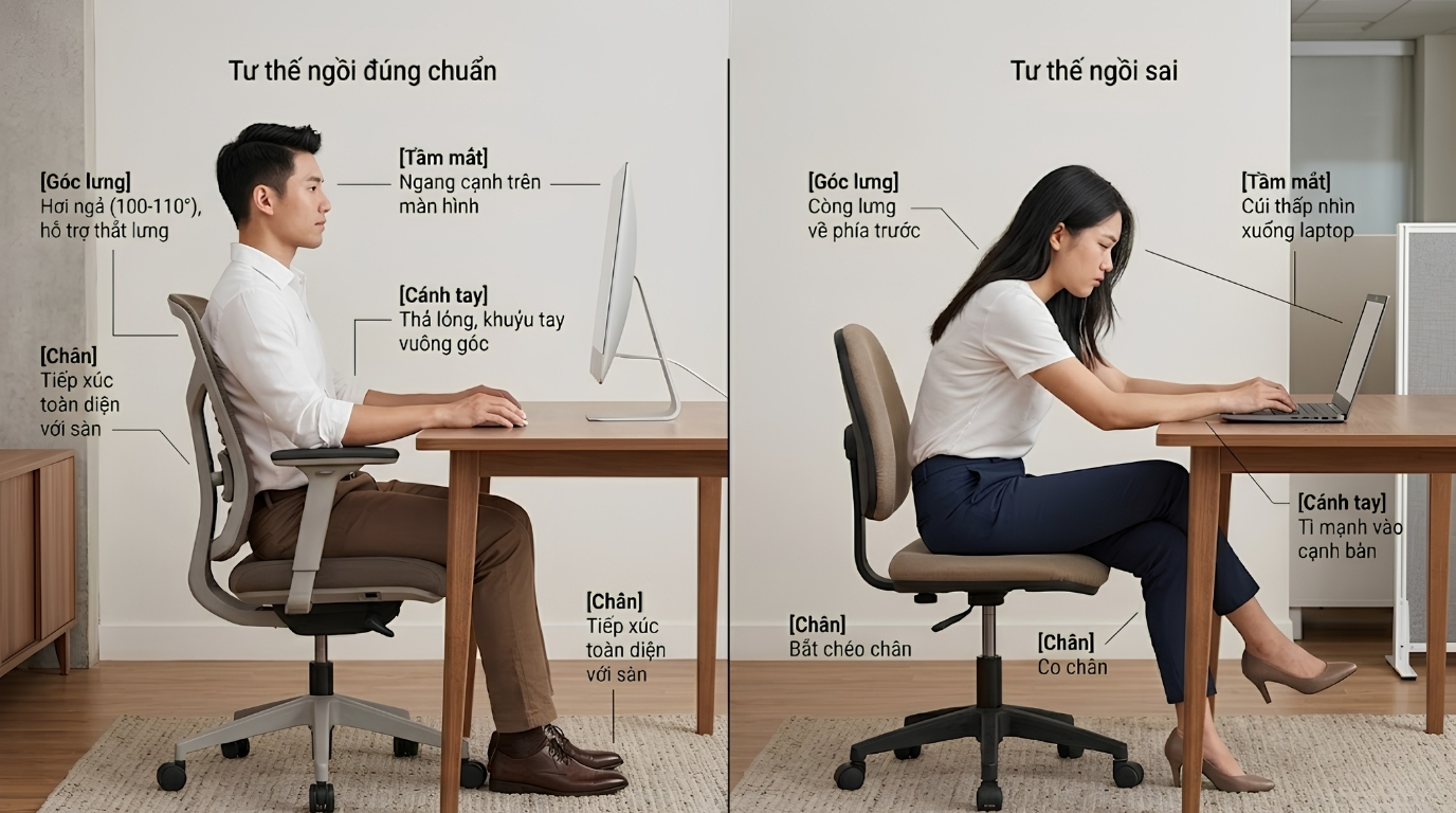 Minh họa tư thế ngồi sai gây đau lưng và ngồi đúng chuẩn công thái học