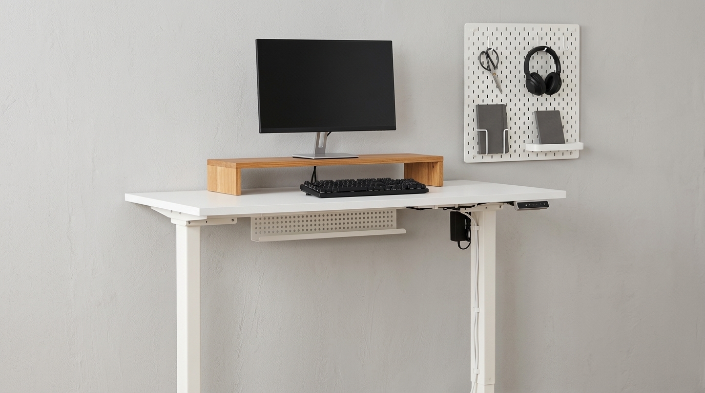 Setup góc làm việc khoa học cho không gian nhỏ với kệ màn hình và pegboard treo tường Setup góc làm việc khoa học cho không gian nhỏ với kệ màn hình và pegboard treo tường