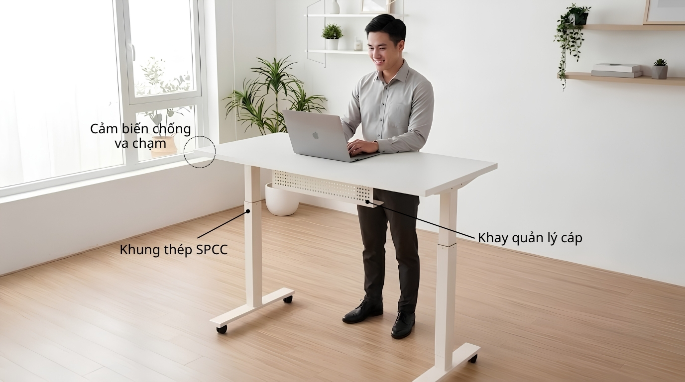 Làm việc hiệu quả trên mặt bàn vững chãi tuyệt đối ở độ cao đứng công thái học