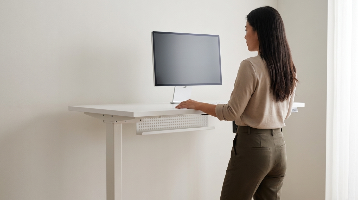 Thực hiện tư thế đứng làm việc chuẩn theo ergonomics giúp giảm áp lực cơ xương khớp đáng kể.