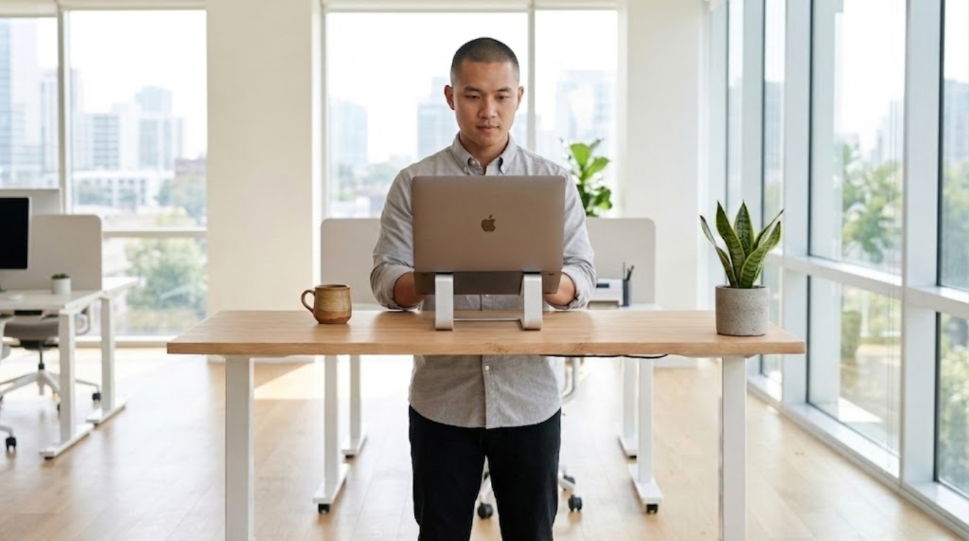 Thả lỏng vai và giữ cổ tay ở vị trí trung tính khi làm việc giúp giảm căng cơ, hạn chế đau cổ tay và cải thiện tư thế ngồi công thái học.