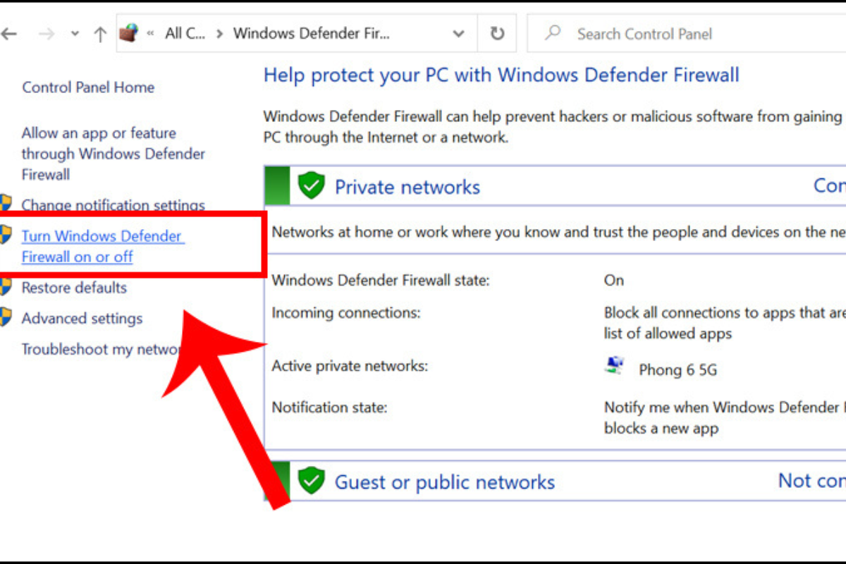 Vào mục Turn Windows Defender Firewall on or off