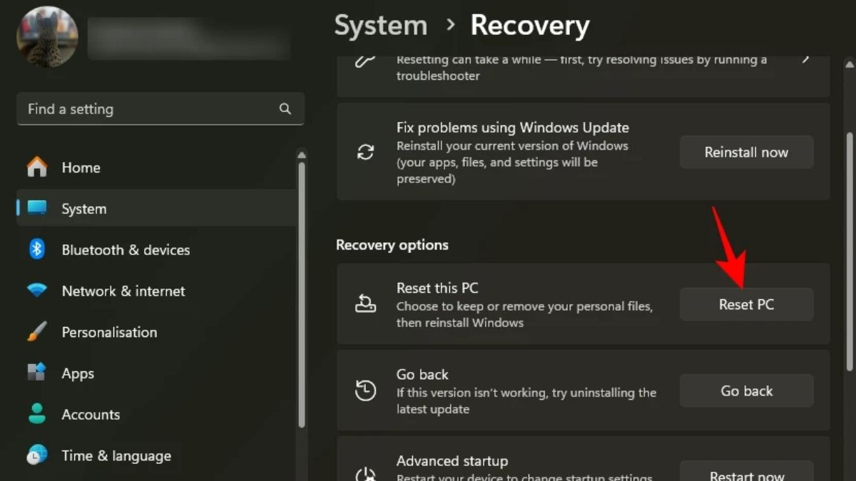 Mở cài đặt reset trên Windows 11