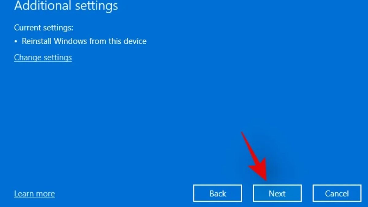 Xác nhận và bắt đầu reset trên Windows 11