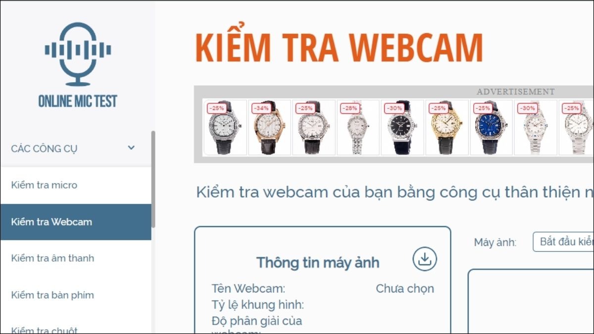 Tại mục Các công cụ click vào Kiểm tra webcam