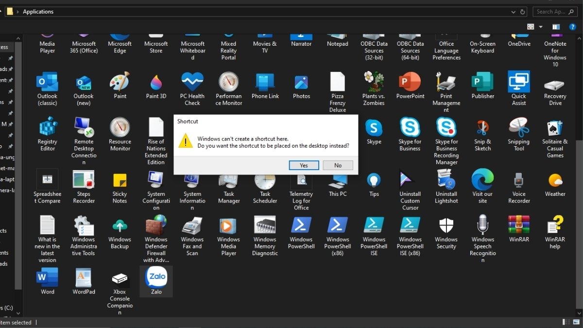 Chọn Yes để xác nhận tạo shortcut