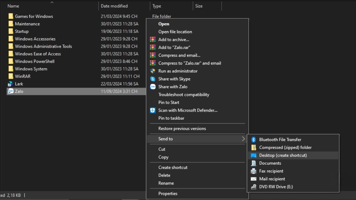 Chọn Send to > Desktop (create shortcut)