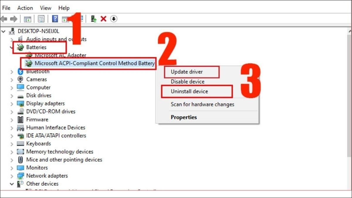 Chọn  Update driver hoặc Uninstall device