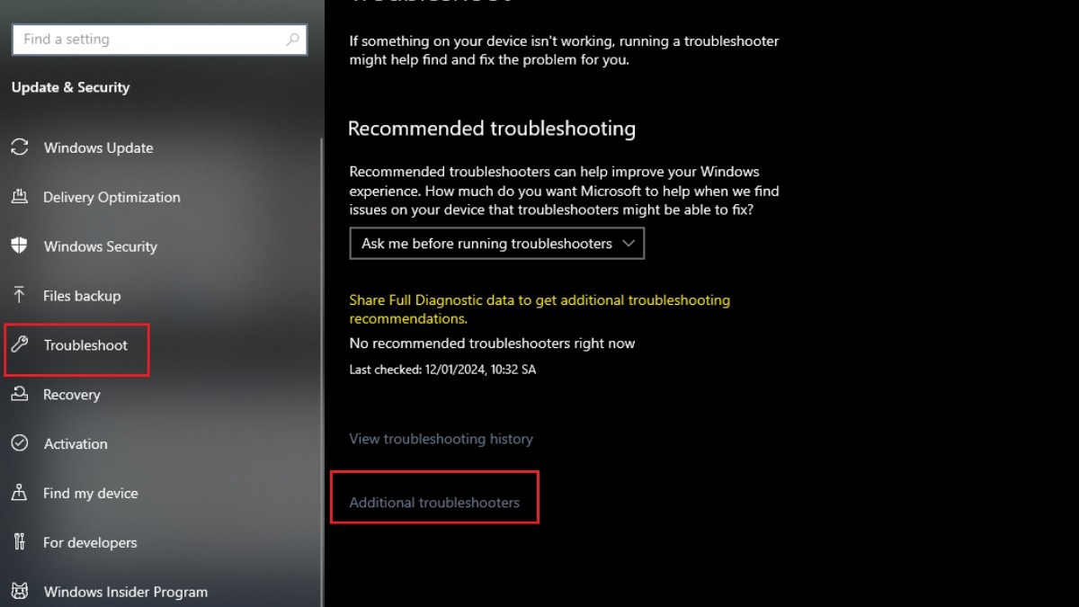 Chọn Additional troubleshooters