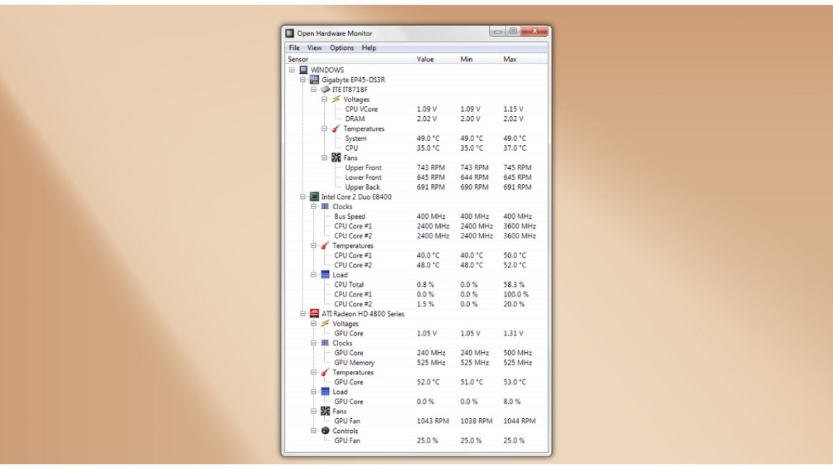 Cửa sổ làm việc của phần mềm Open Hardward Monitor