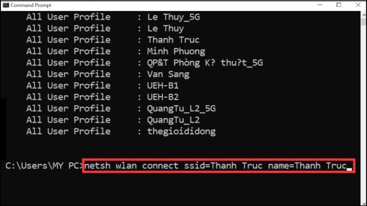 netsh wlan connect ssid=YOUR-WIFI-SSID name=PROFILE-NAME