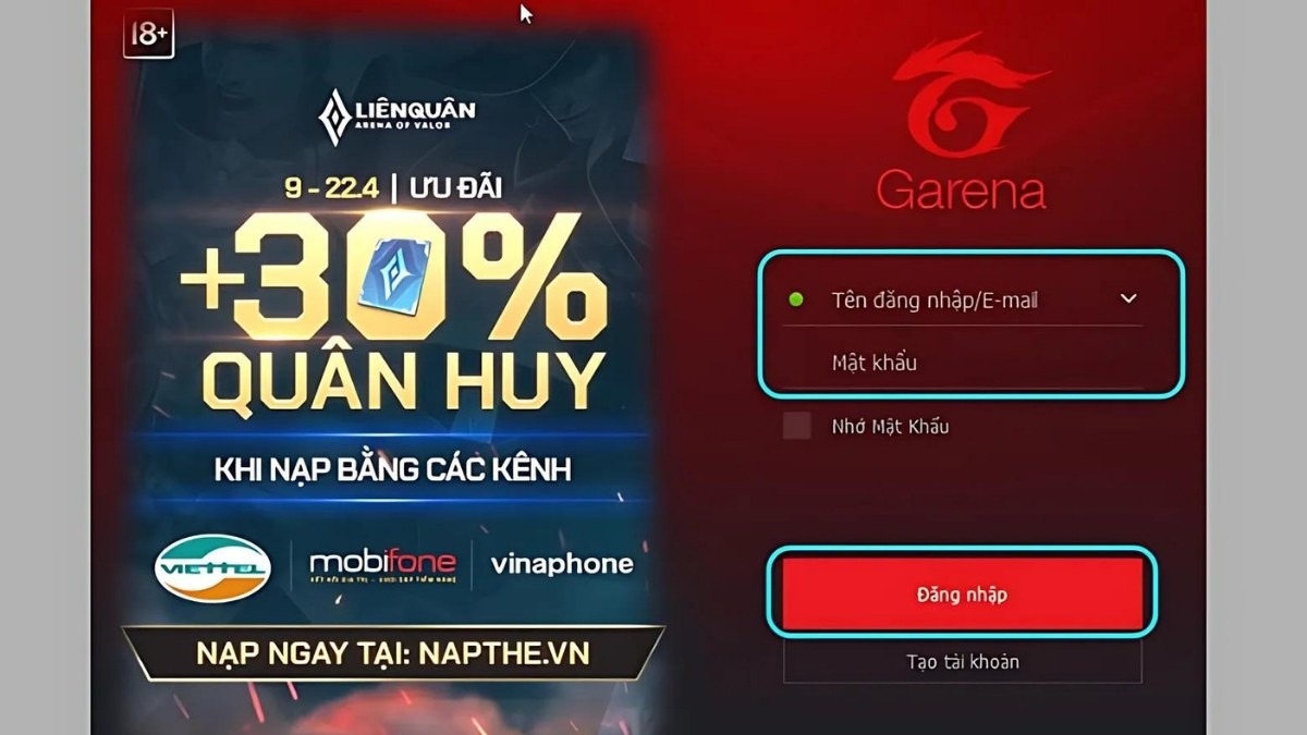 Khởi động Garena PC và đăng nhập vào tài khoản Garena