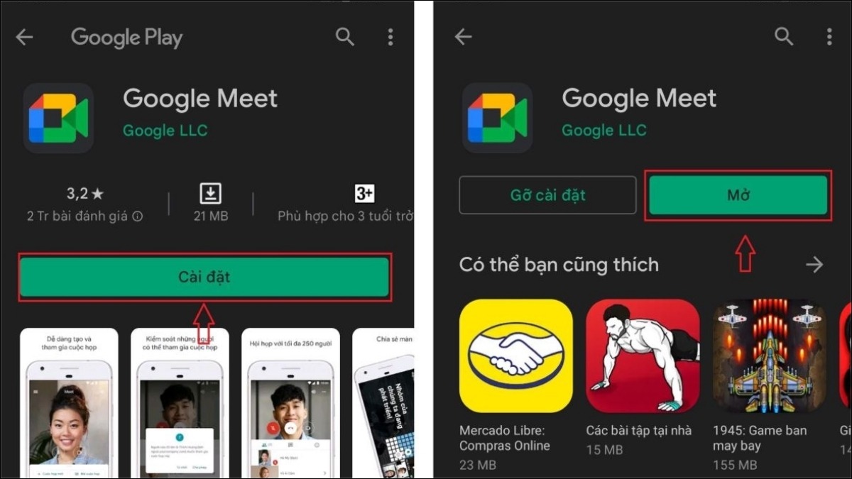 Tìm kiếm Google Meet và nhấn vào nút Cài đặt