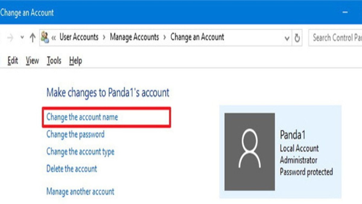 Chọn dòng Change the account name