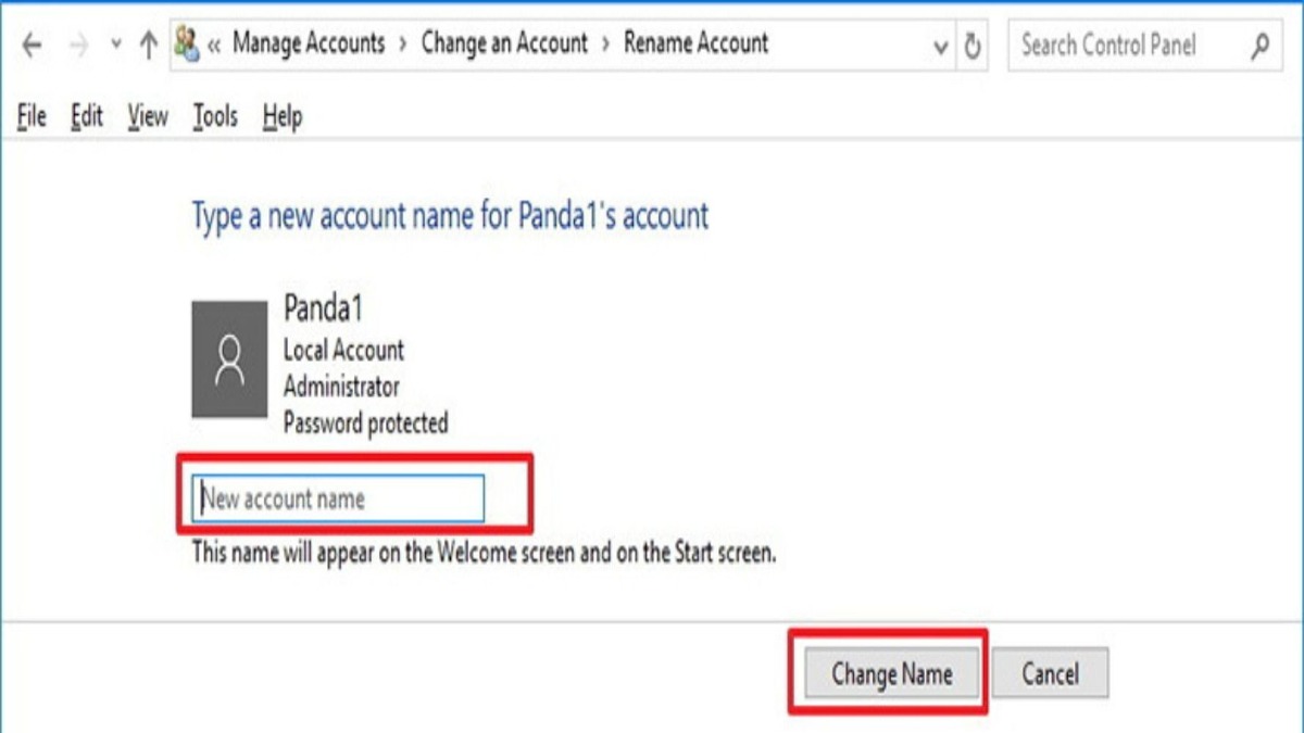 Tại ô New account name, bạn nhập tên mới cần đổi