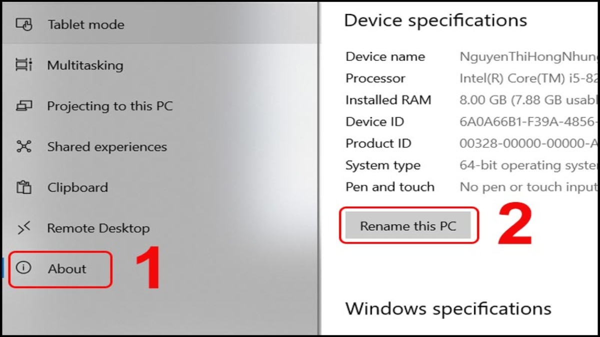 Tìm và chọn About > Chọn Rename PC