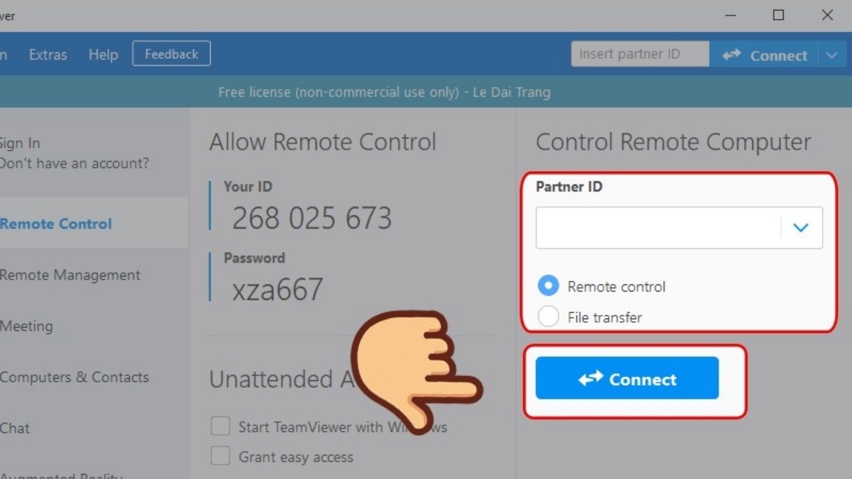 Nhấn Connect và chờ TeamViewer thiết lập kết nối