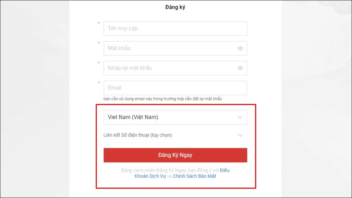 Chọn Quốc gia và nhấn Đăng ký ngay
