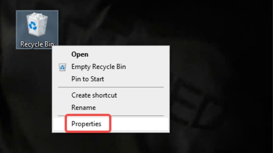 Click chuột phải vào biểu tượng Thùng rác (Recycle Bin) trên Desktop và chọn Properties