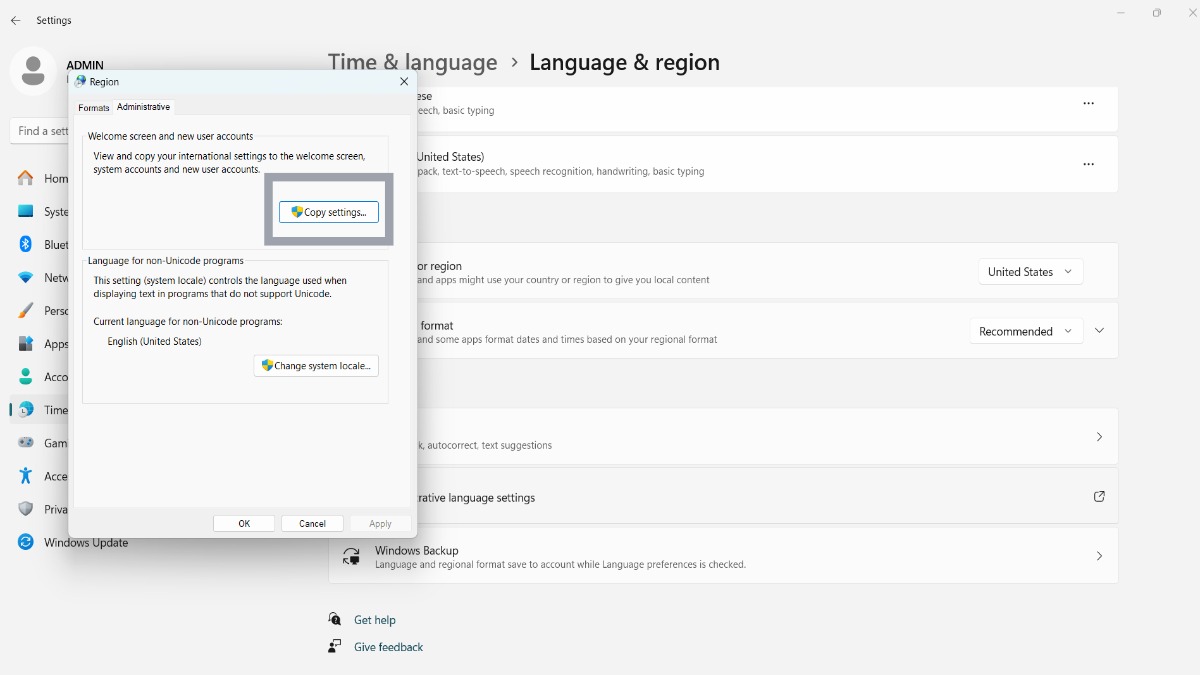 Trong tab Region, bấm Administrative và chọn Copy settings
