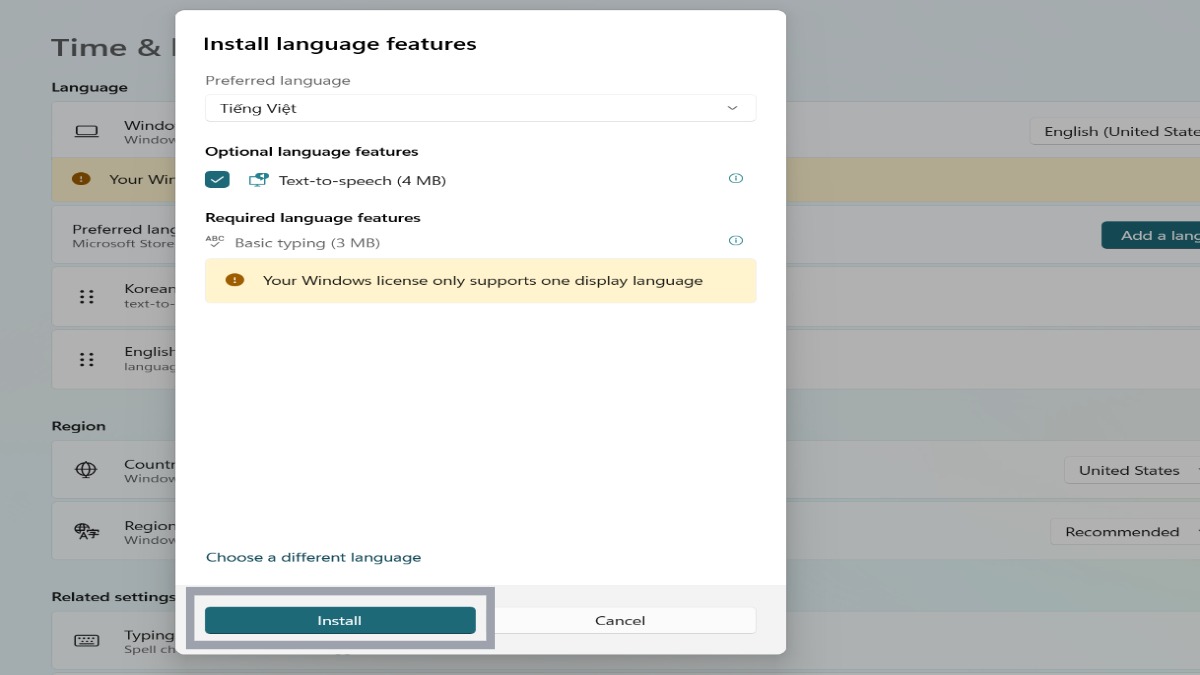 Khi xuất hiện cửa sổ Install Language Features, tại ô Set as my Windows display Language