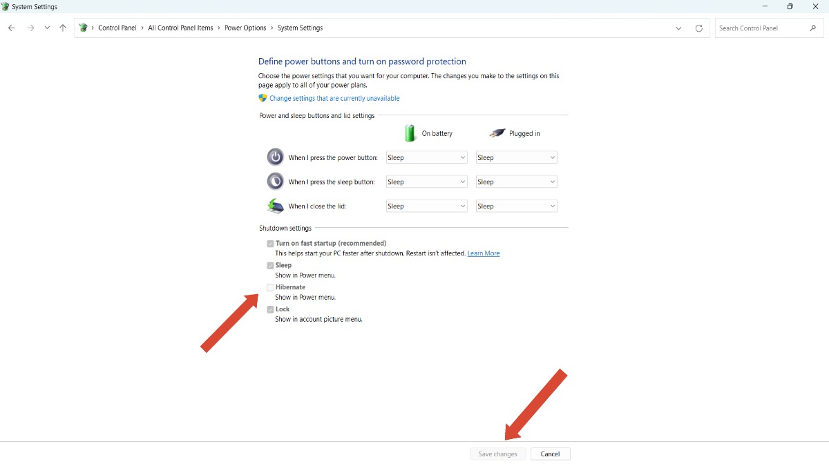 Bỏ tích ô Hibernate > Chọn Save changes để tắt tính năng này