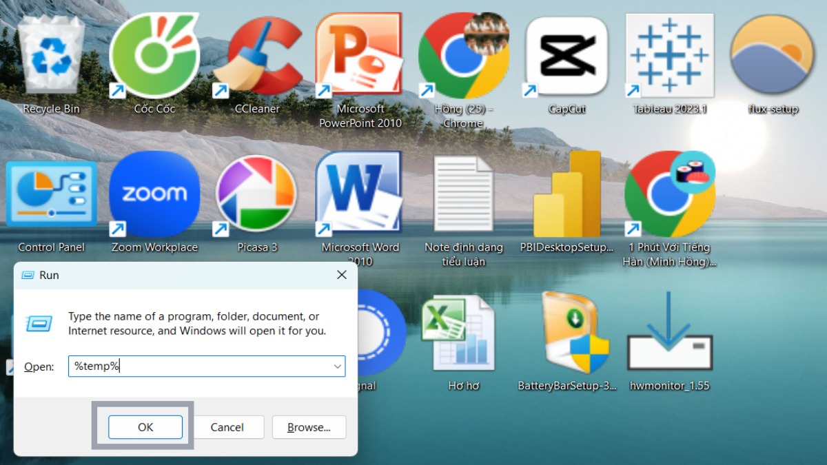 Nhập %temp% > Nhấn OK