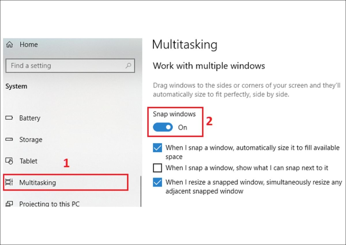 Chọn Multitasking, Snap windows
