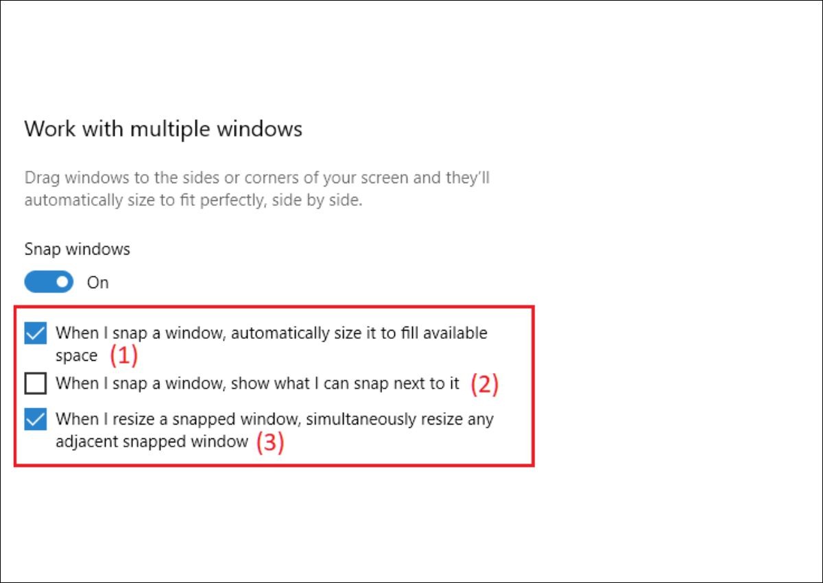 Tùy chỉnh cài đặt Snap windows (nếu cần)