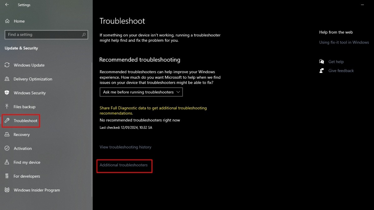 Chọn Additional troubleshooters
