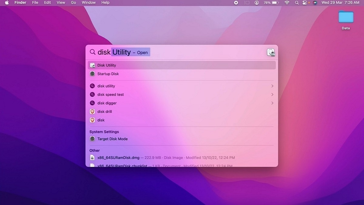 Mở thanh tìm kiếm ứng dụng và gõ Disk Utility