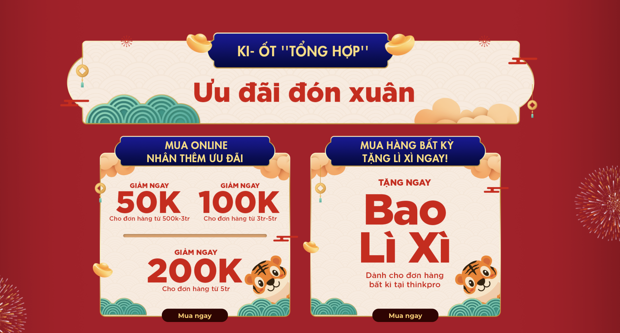 Ảnh chụp màn hình giao diện website ThinkPro với thông báo khuyến mại Tết.
