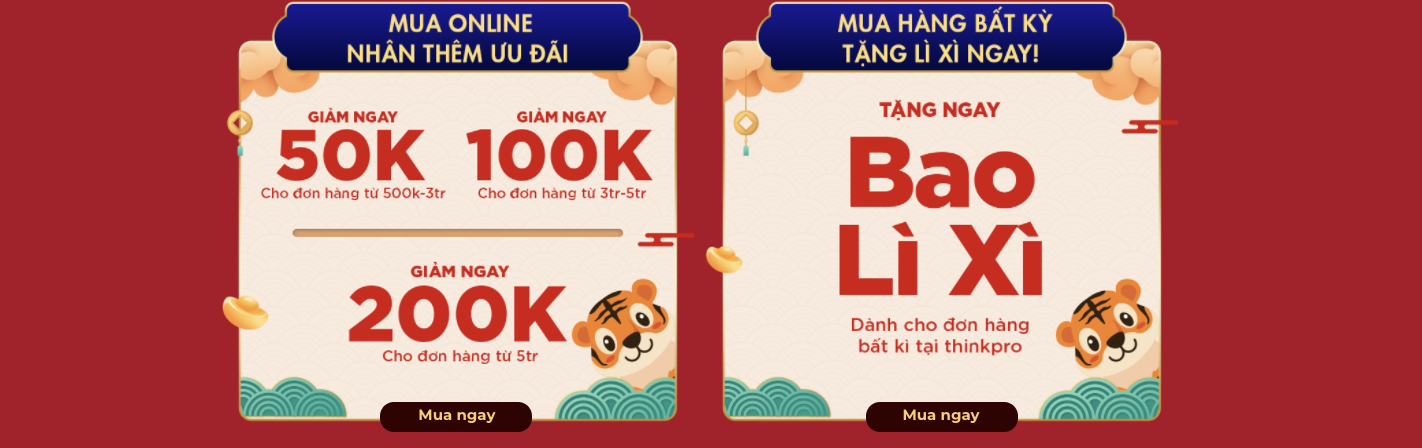 Ảnh chụp màn hình ưu đãi Tết của ThinkPro: giảm giá 200.000đ cho đơn hàng trên 5 triệu, tặng lì xì công nghệ.