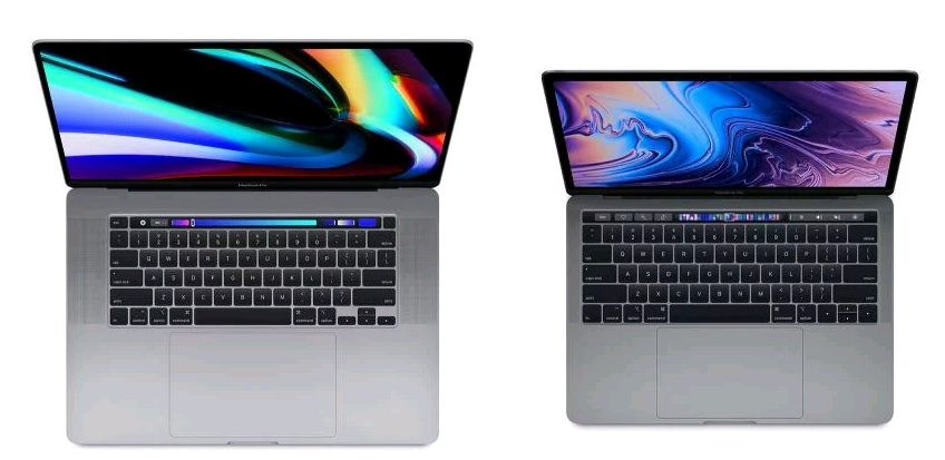 MacBook 16 inch và 13 inch cạnh nhau, hiển thị màn hình và màu sắc.