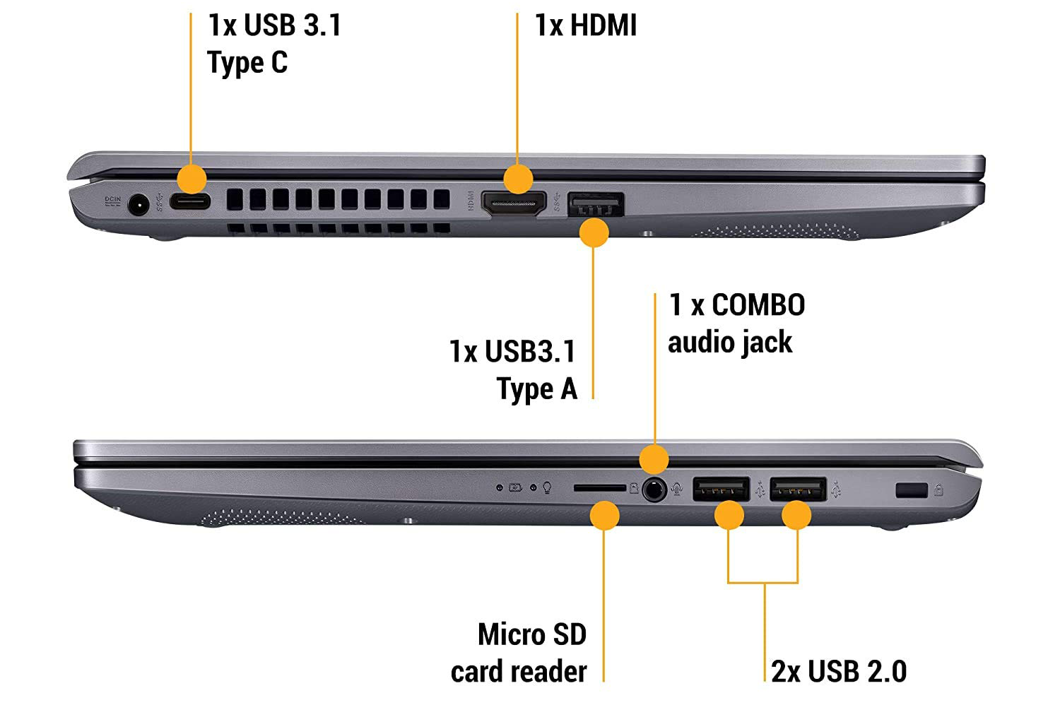 Asus VivoBook được trang bị đầy đủ cổng kết nối để người dùng dễ dàng kết nối với cá thiết bị ngoài